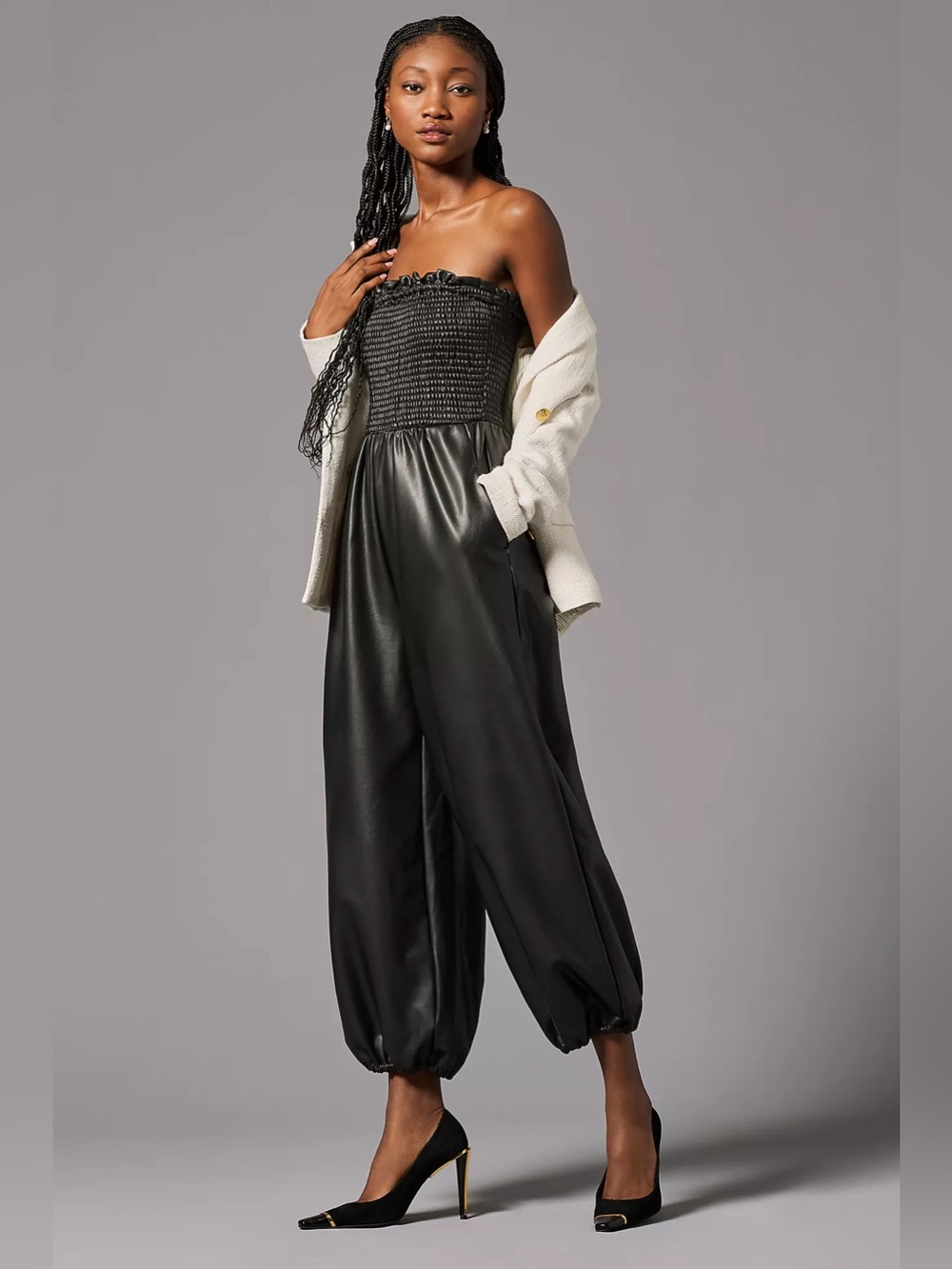 Anthropologie Faux Leather Strapless Jumpsuit Balloon Leg | Size XLP - Picture 4 of 14